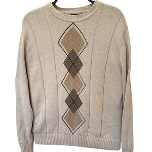 DOCKERS Argyle Sweater Mens Size M Crew Neck Cotton Beige and Browns EUC
